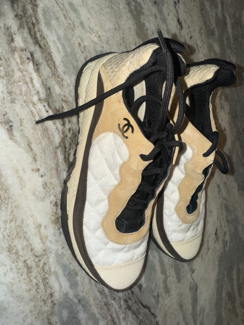 CHANEL Beige, Cream & Black Quilted Logo Sneakers